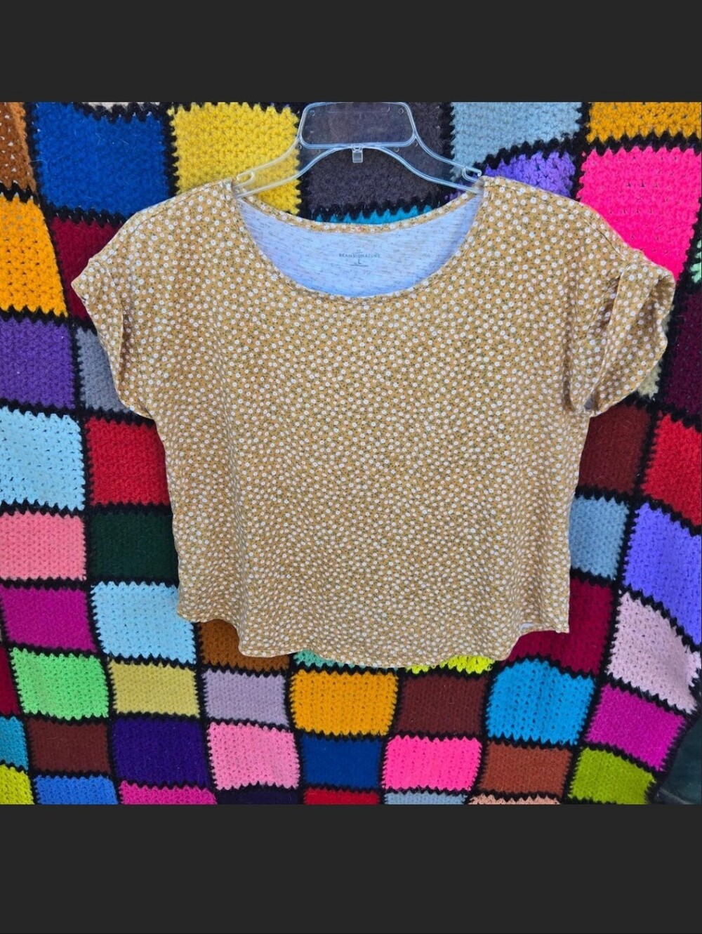 LL Bean Signature Mustard Yellow Ditsy White Floral Cuffed Sleeve Blouse Size L